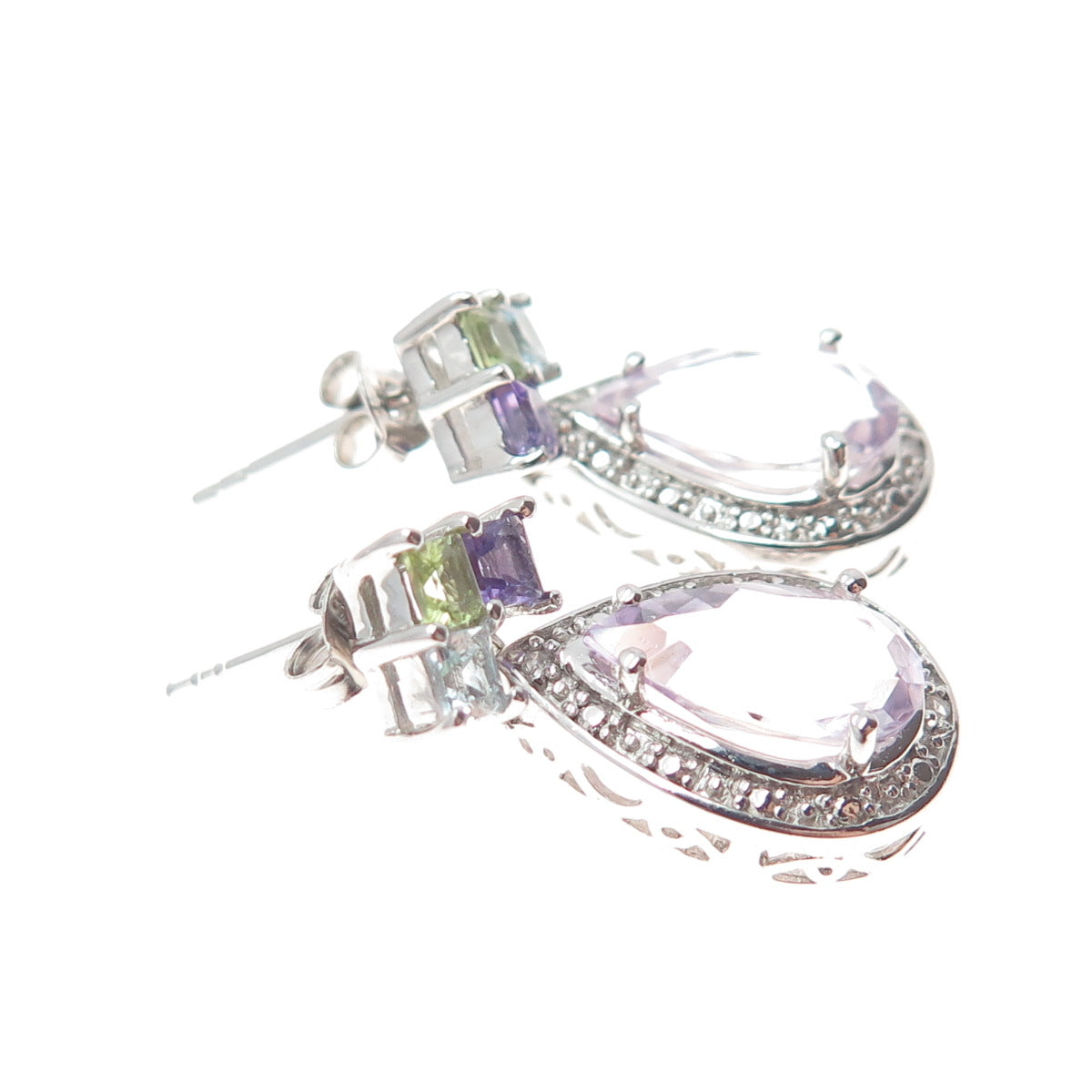 925 Sterling Silver Real Diamond Accent Blue Topaz Peridot & Amethyst Earrings