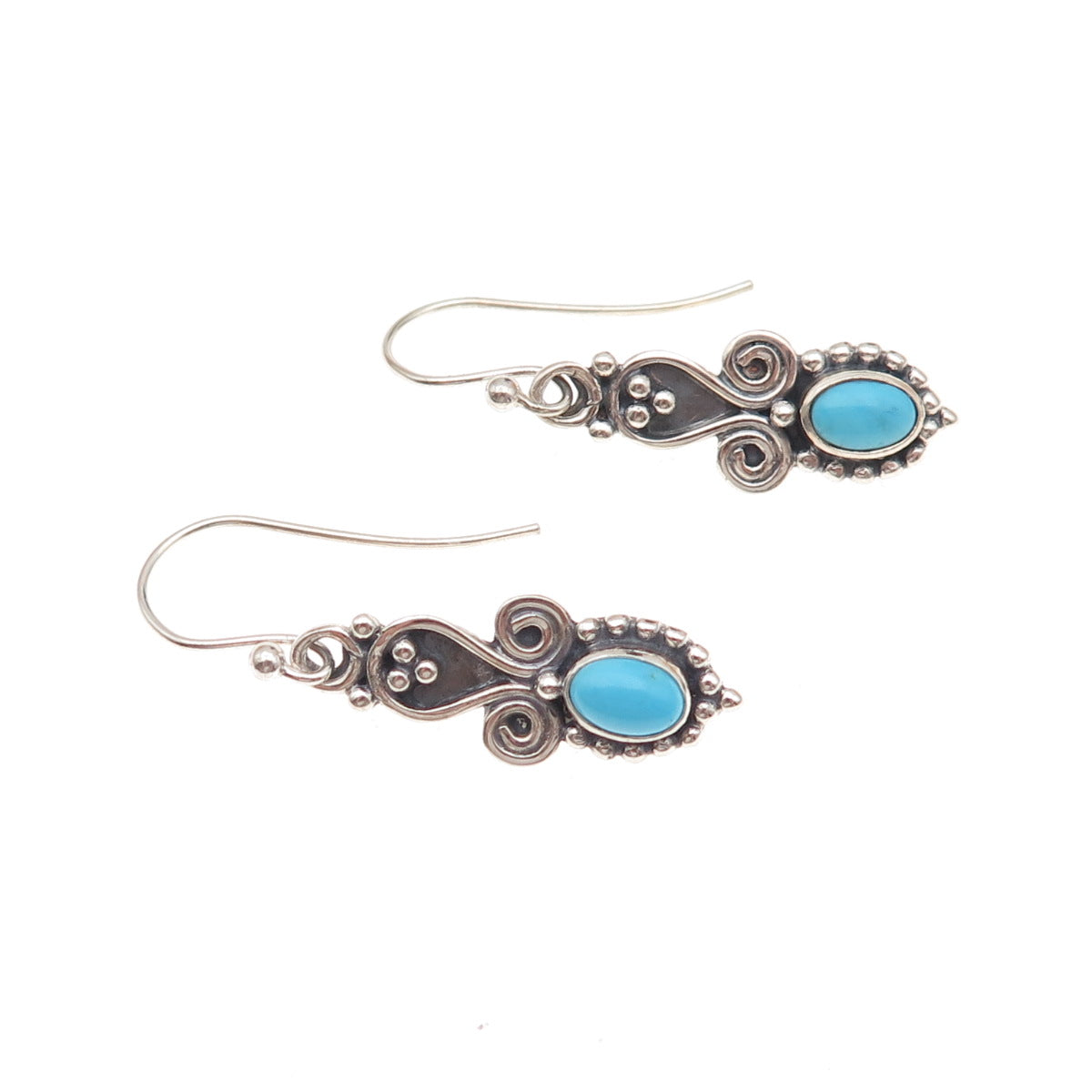 925 Sterling Silver Vintage Real Turquoise Heart Oxidized Dangle Earrings