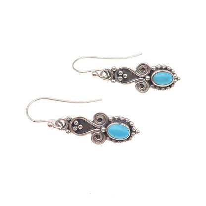 925 Sterling Silver Vintage Real Turquoise Heart Oxidized Dangle Earrings