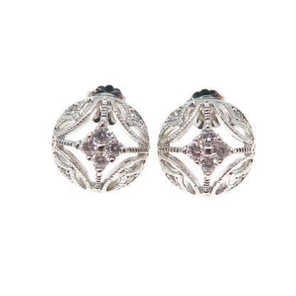 925 Sterling Silver Round-Cut C Z Ornate Stud Earrings