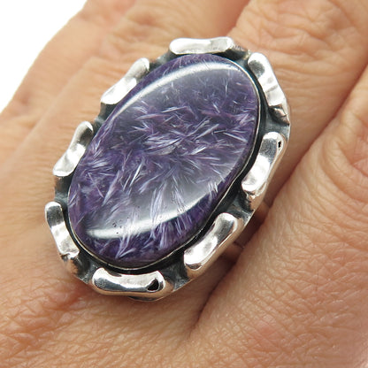 925 Sterling Silver Vintage Real Charoite Gemstone Modernist Ring Size 10.5