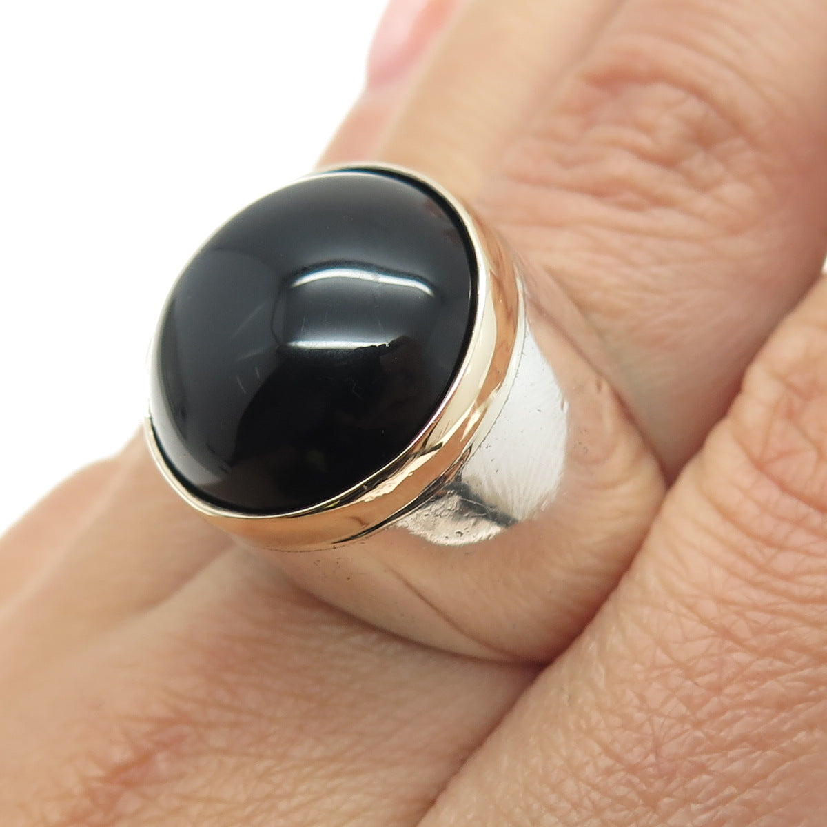 14K Yellow Gold 925 Sterling Silver Vintage Black Onyx Modernist Ring Size 7.25