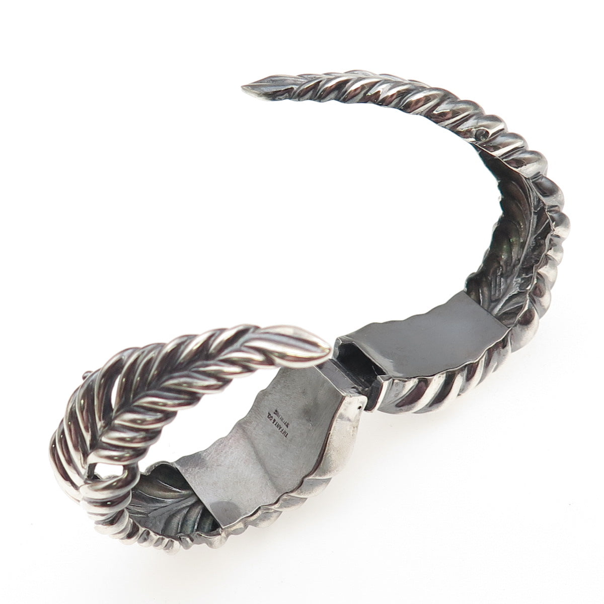 TIFFANY & CO Sterling Silver Vintage Heavy 74.5g Feather Oxidized Bracelet 5.75"