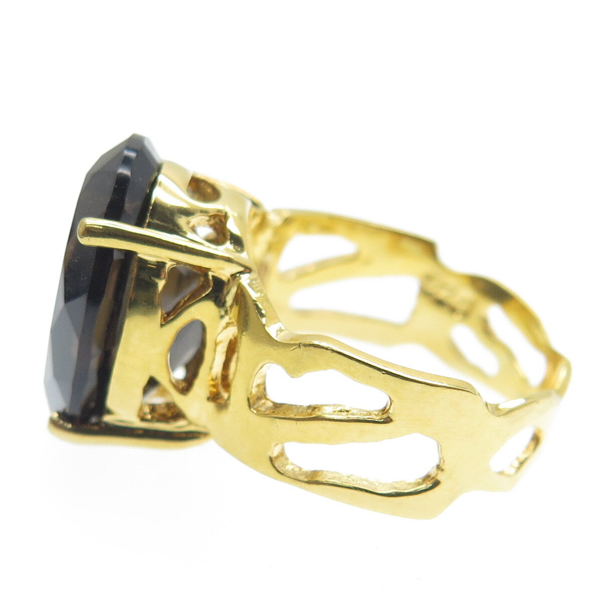 BADAVICI 925 Sterling Silver Gold Plated Real Oval-Cut Smoky Quartz Ring Size 8