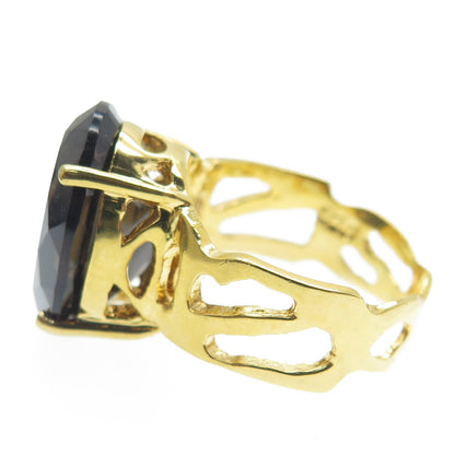 BADAVICI 925 Sterling Silver Gold Plated Real Oval-Cut Smoky Quartz Ring Size 8