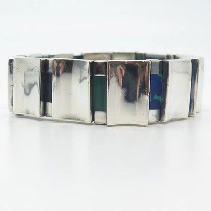 925 Sterling Silver Vintage Mexico Malachite Azurite & Black Onyx Bracelet 6.5"