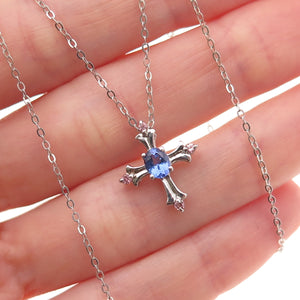 Chuck Clemency 925 Sterling Silver Real Tanzanite & Amethyst Cross Necklace 20"