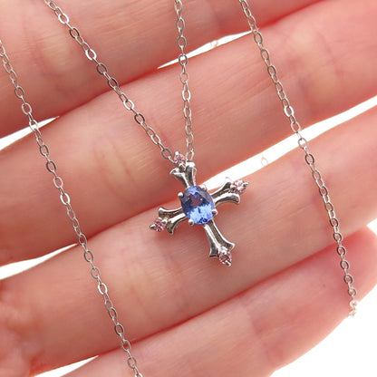 Chuck Clemency 925 Sterling Silver Real Tanzanite & Amethyst Cross Necklace 20"