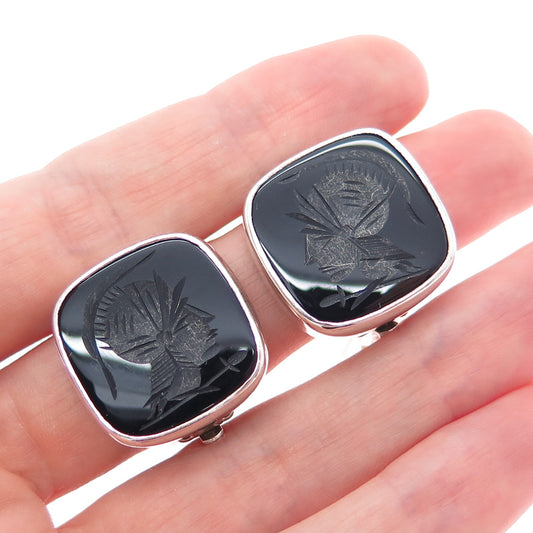 925 Sterling Silver Vintage Real Black Onyx Roman Warrior Clip On Earrings