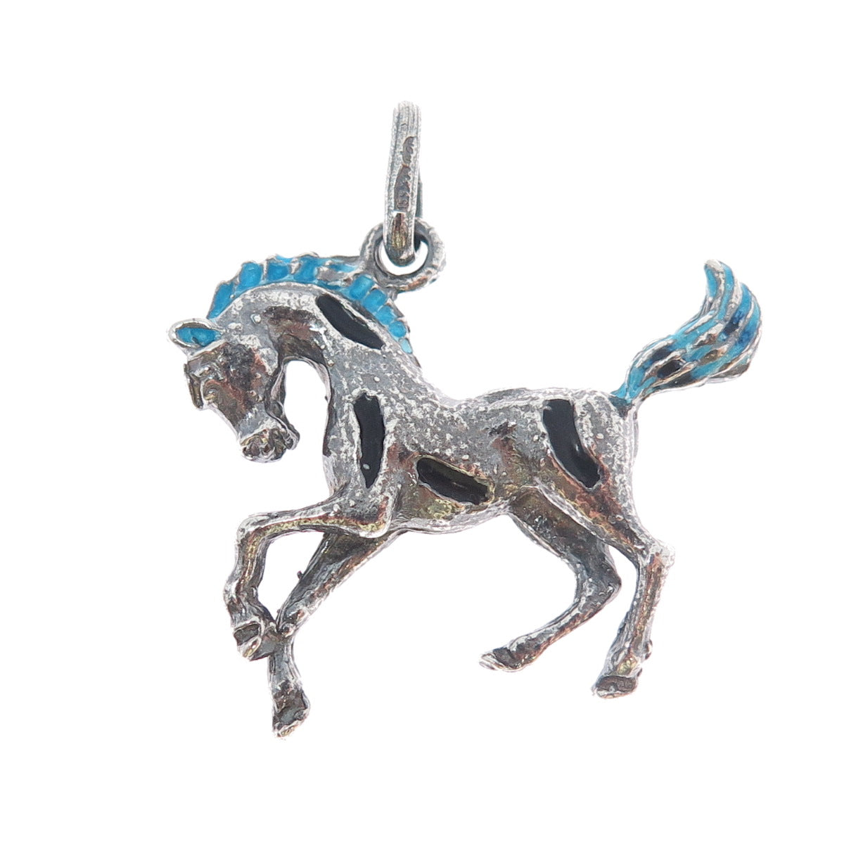 925 Sterling Silver Vintage Italy Enamel Horse Oxidized Charm Pendant