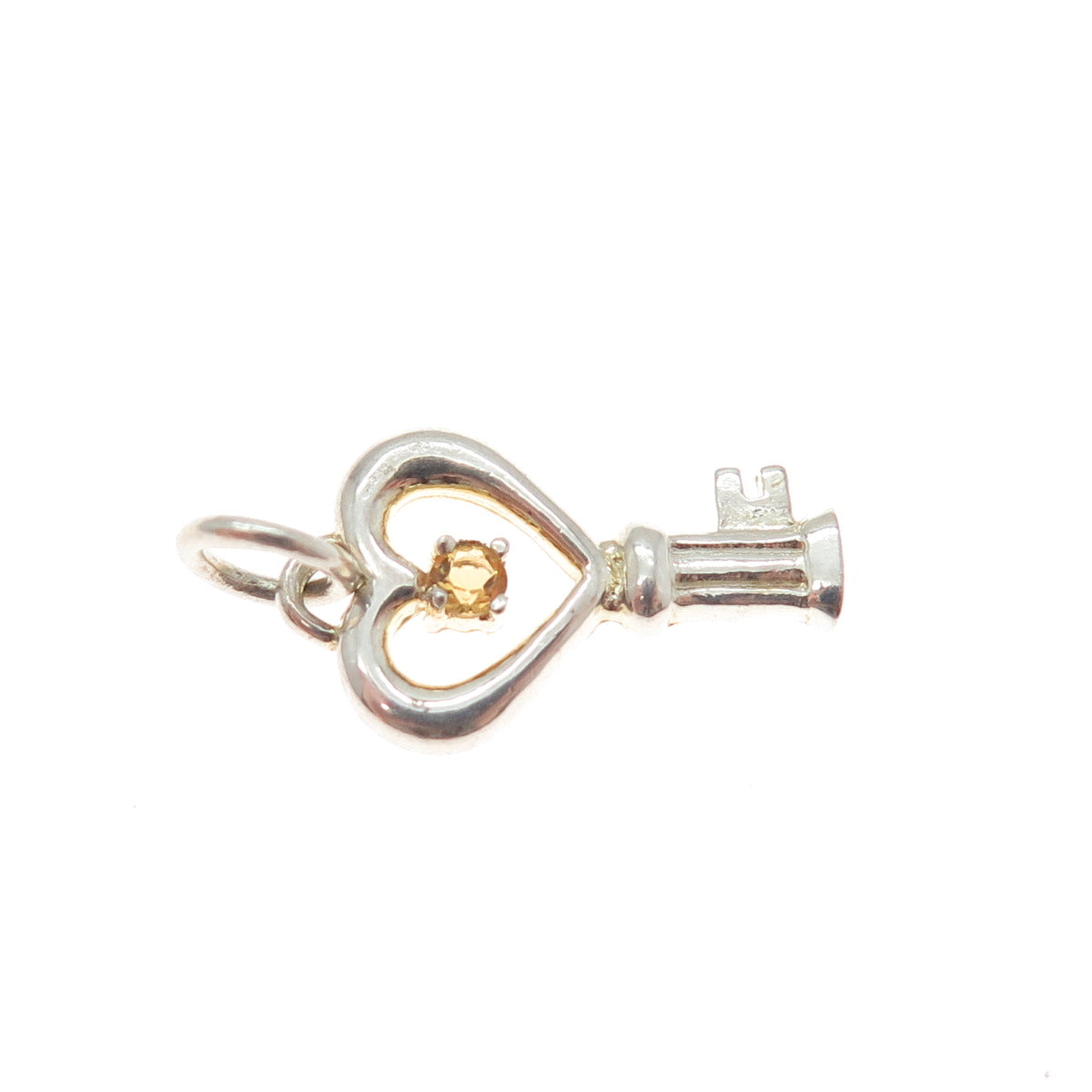 925 Sterling Silver Vintage Real Round-Cut Citrine Heart Key Minimalist Pendant