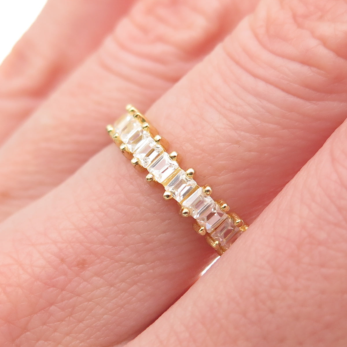925 Sterling Silver Gold Plated Emerald-Cut C Z Eternity Band Ring Size 6.5