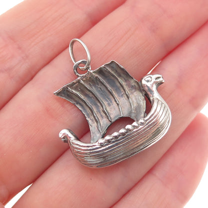 925 Sterling Silver Vintage Norway Viking Ship Oxidized Charm Pendant