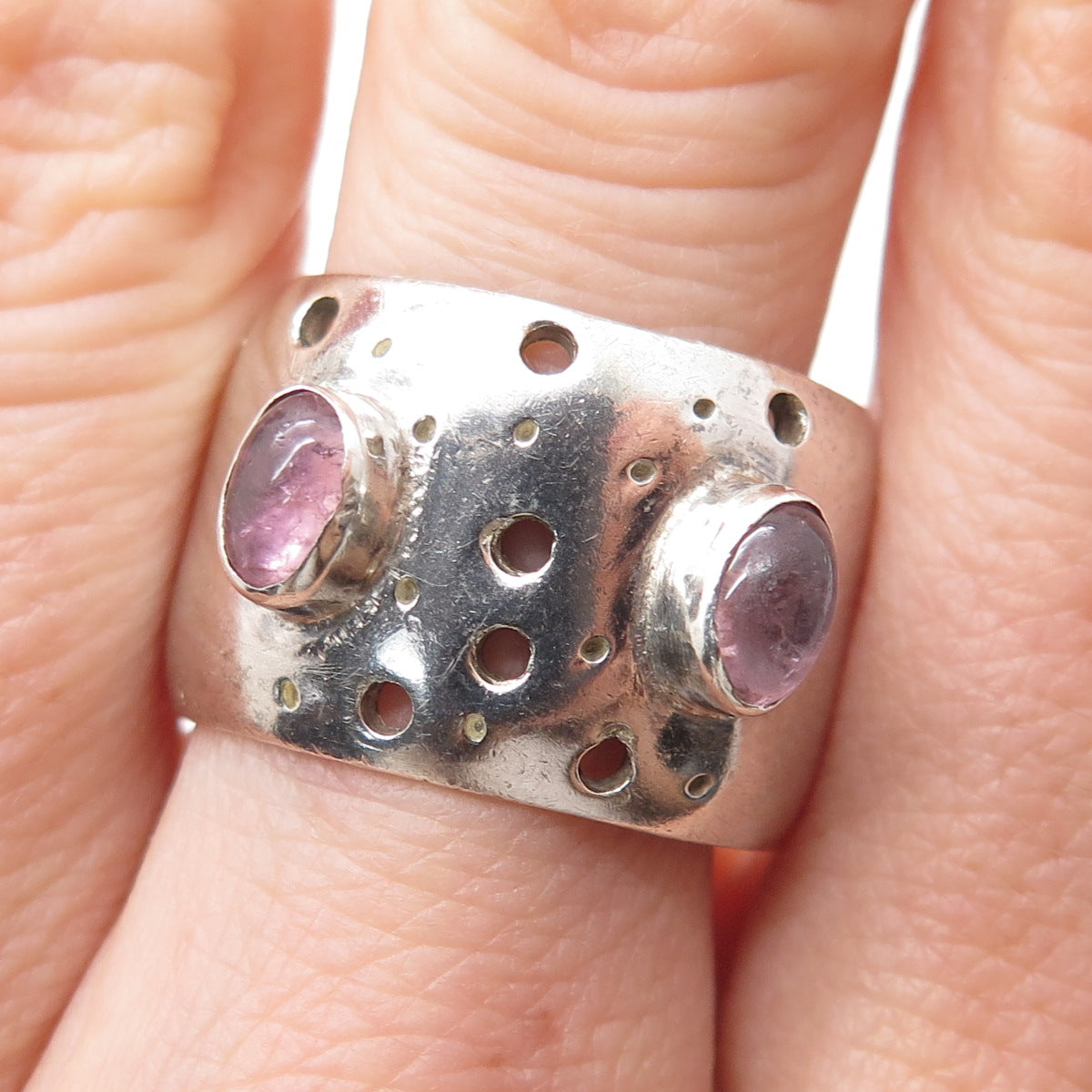 925 Sterling Silver Vintage Real Amethyst Modernist Wide Band Ring Size 8.5