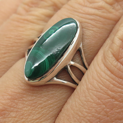 925 Sterling Silver Vintage Real Malachite Gemstone Statement Ring Size 8