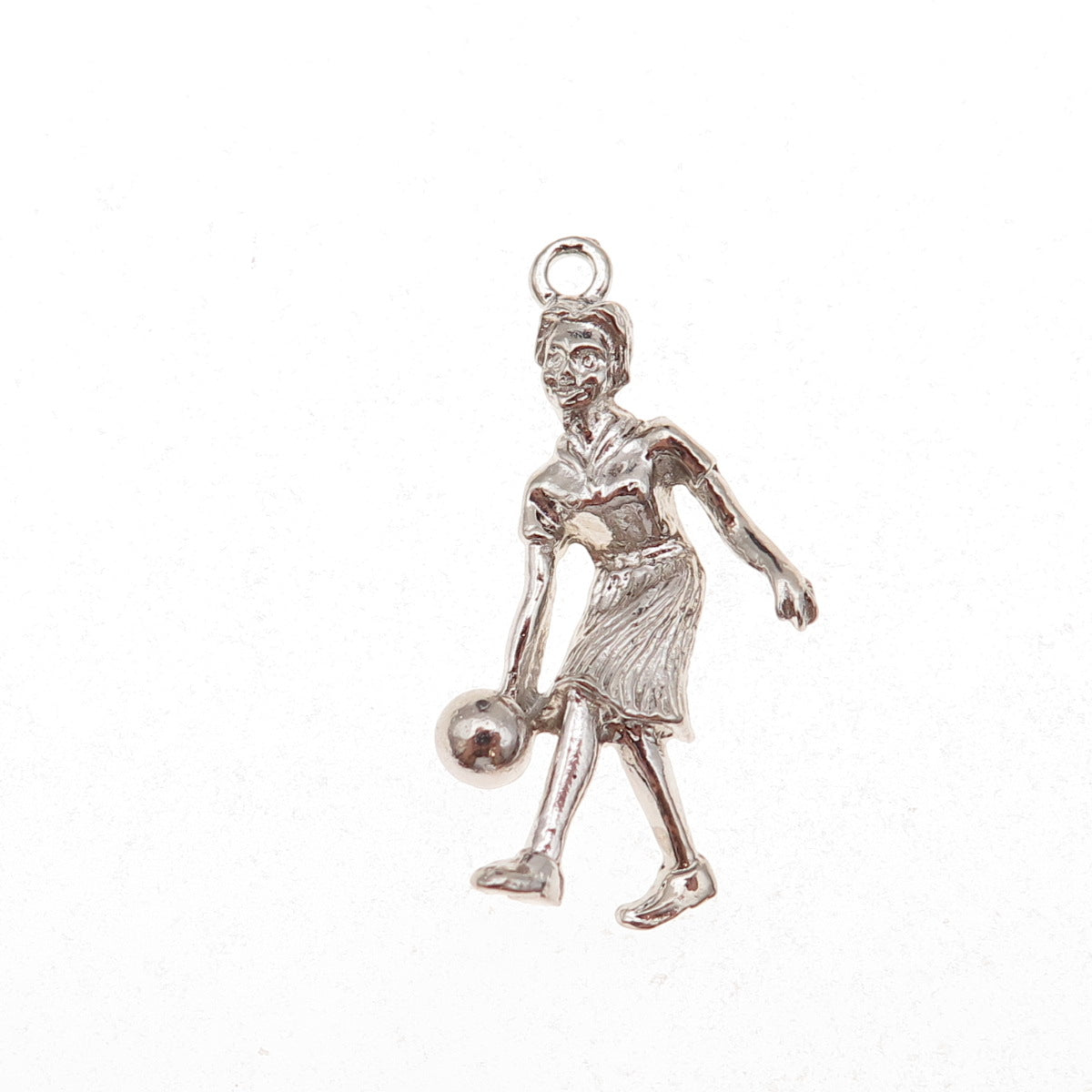 925 Sterling Silver Vintage Female Bowling Player Oxidized 3D Charm Pendant