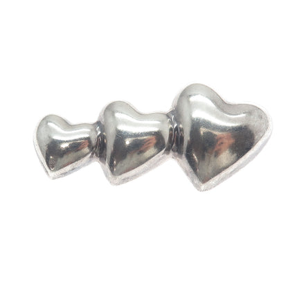 925 Sterling Silver Vintage Graduated Triple Puffy Heart Pin Brooch