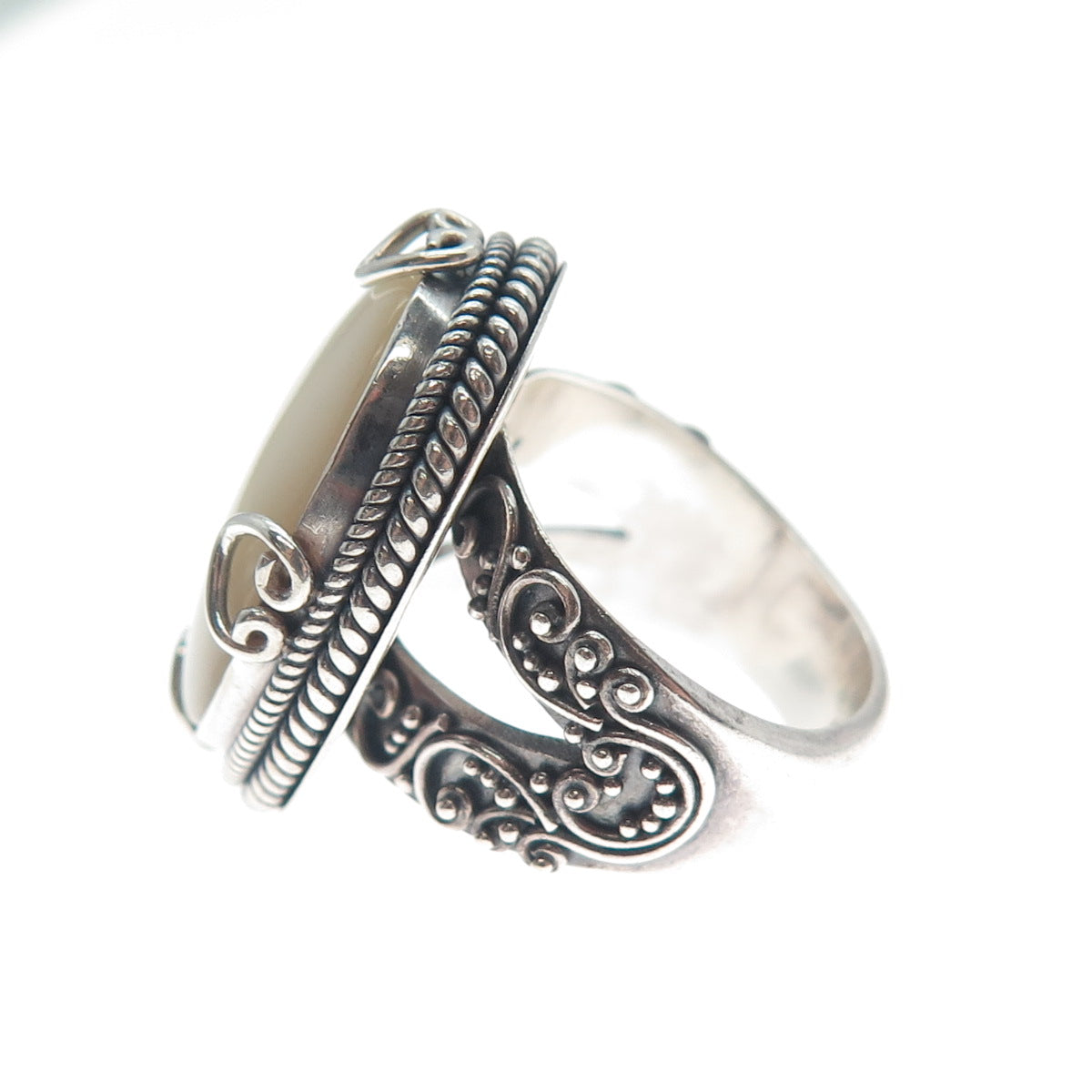 925 Sterling Silver Vintage Real Mother-of-Pearl Hearts Roped Ring Size 5.25