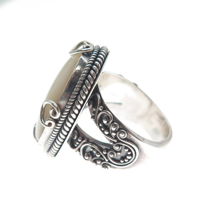 925 Sterling Silver Vintage Real Mother-of-Pearl Hearts Roped Ring Size 5.25