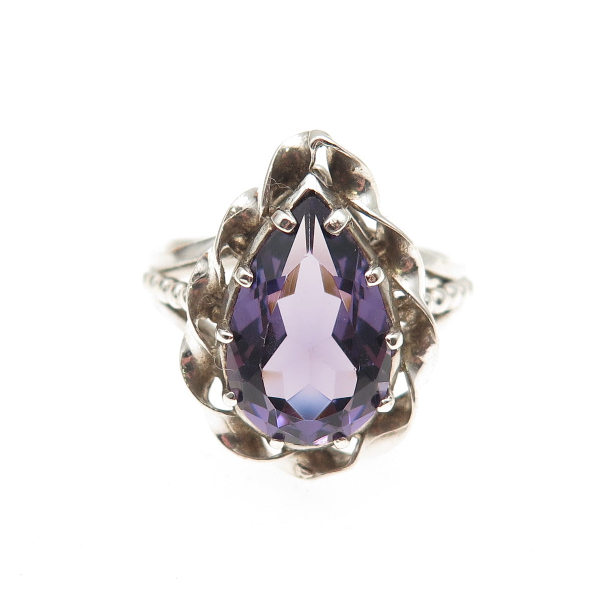 925 Sterling Silver Vintage Real Amethyst Teardrop Oxidized Ring Size 6.75