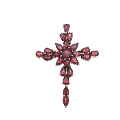 925 Sterling Silver Vintage Real Red Garnet Cross Cluster Slide Pendant