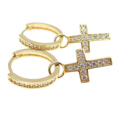 925 Sterling Silver Gold Plated Round-Cut C Z Cross Dangling Charm Hoop Earrings