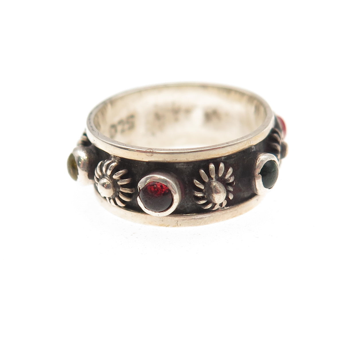 925 Sterling Silver Vintage Mexico Real Multi-Gem Cannetille Band Ring Size 4.5