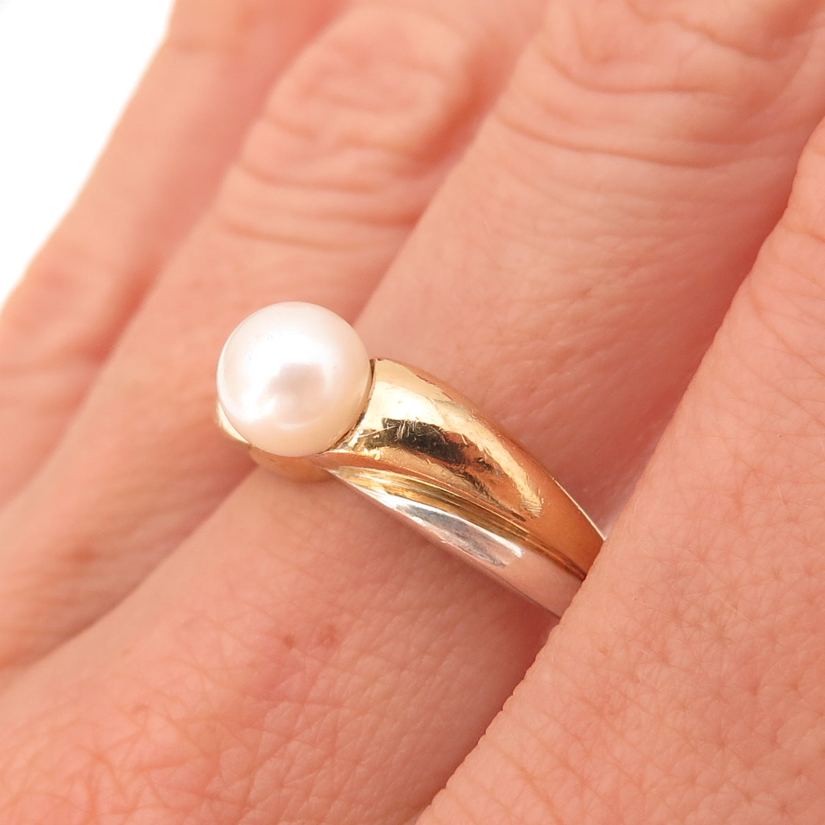 CNA Pranda 925 Sterling Silver 2-Tone Vintage Real Pearl Ring Size 7.75