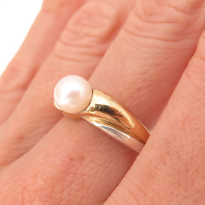 CNA Pranda 925 Sterling Silver 2-Tone Vintage Real Pearl Ring Size 7.75