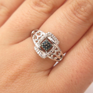 925 Sterling Silver SUN White & Blue Diamond Cutout Ornate Ring Size 7