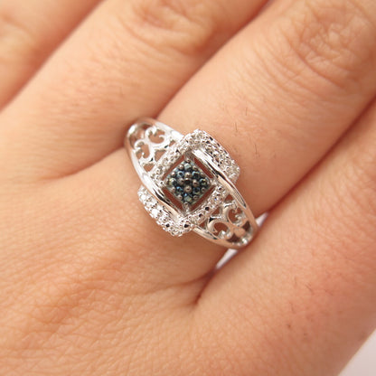 925 Sterling Silver SUN White & Blue Diamond Cutout Ornate Ring Size 7