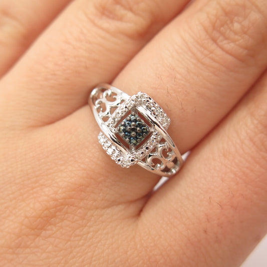 925 Sterling Silver SUN White & Blue Diamond Cutout Ornate Ring Size 7