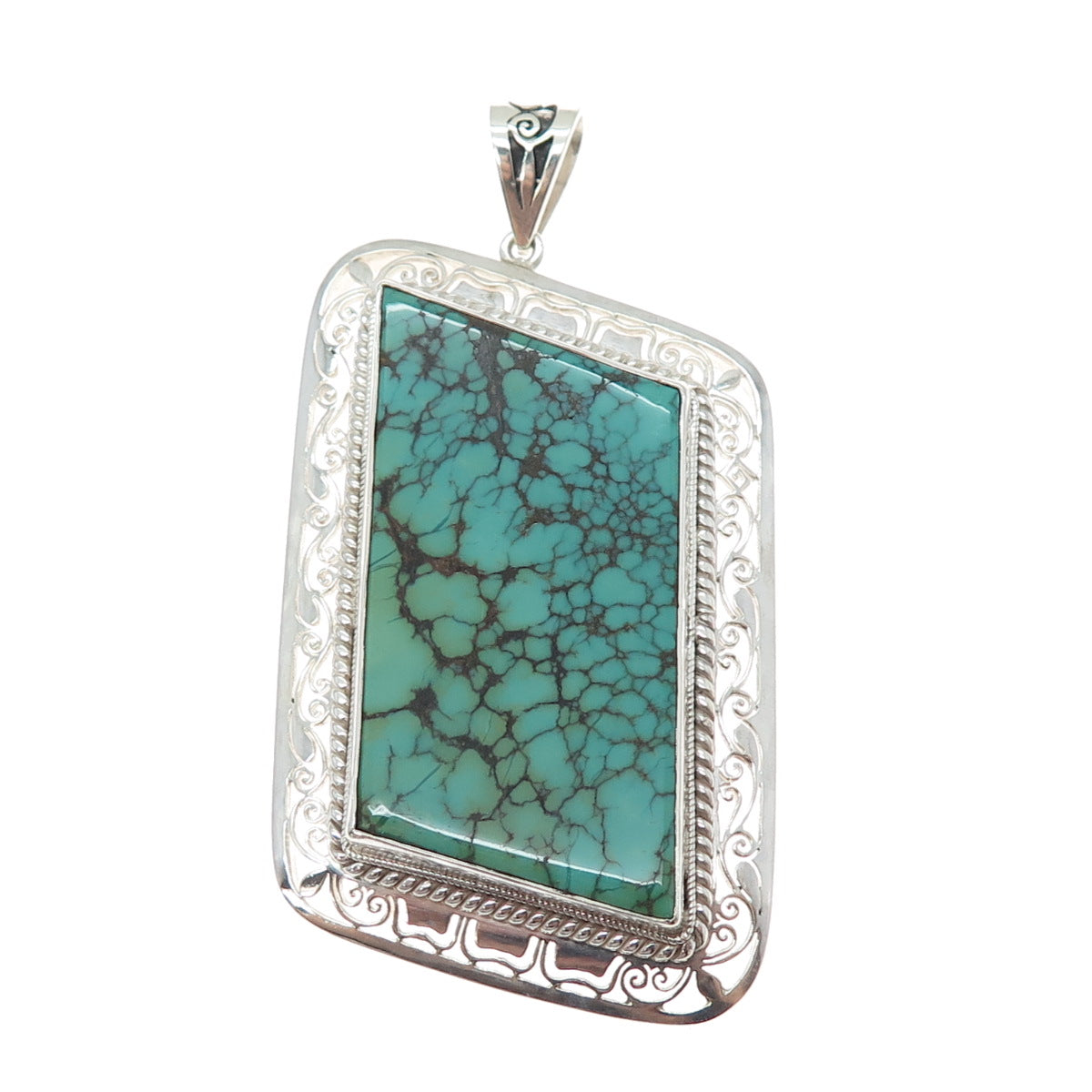 925 Sterling Silver Vintage Real Peacock Turquoise Heavy 59.0g Large Pendant