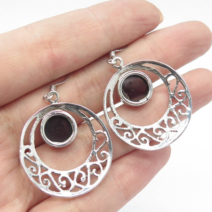 925 Sterling Silver Vintage Real Tourmaline Gemstone Ornate Hook Earrings