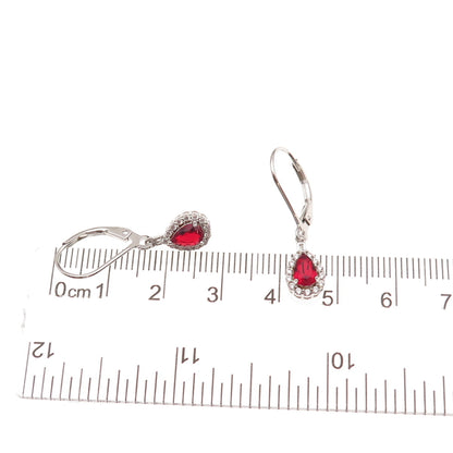 925 Sterling Silver Red & White C Z Teardrop Dangle Earrings
