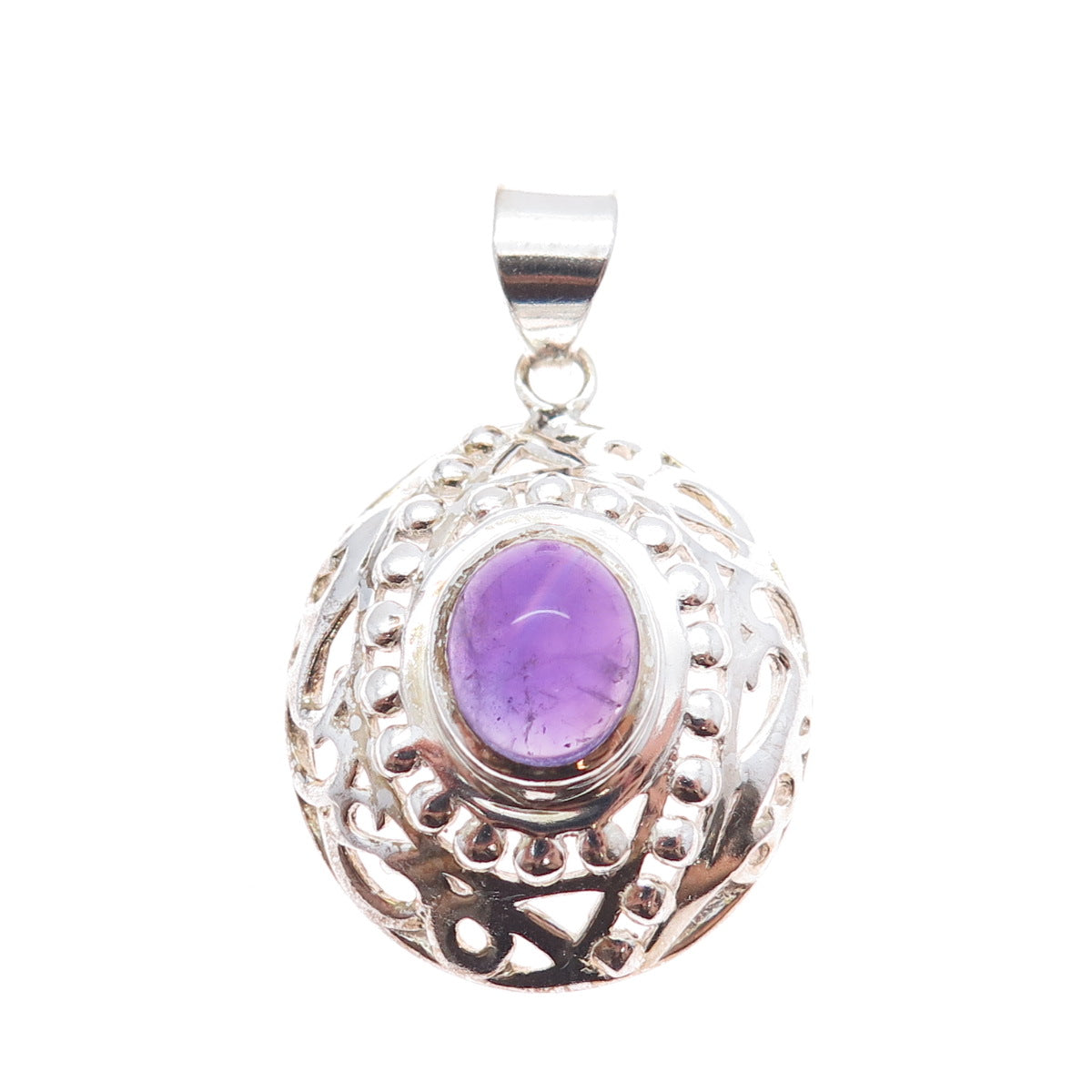 925 Sterling Silver Vintage Real Oval-Cut Amethyst Beaded Charm Pendant