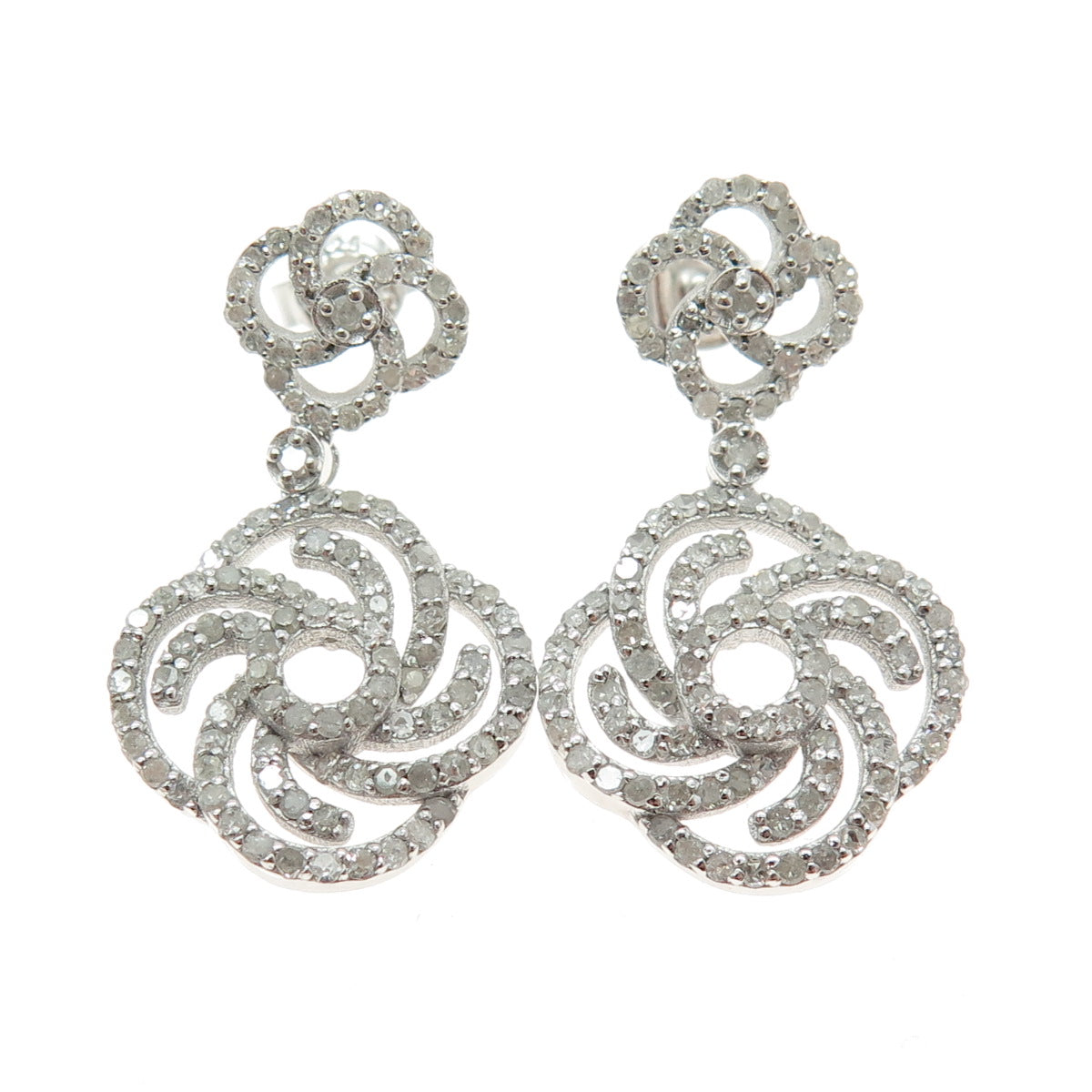 925 Sterling Silver Real Round-Cut Diamond Flower Dangling Earrings