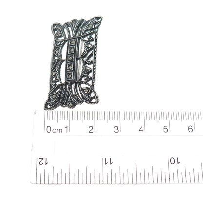 835 Silver Antique Art Deco Portugal Real Marcasite Oxidized Pin Brooch