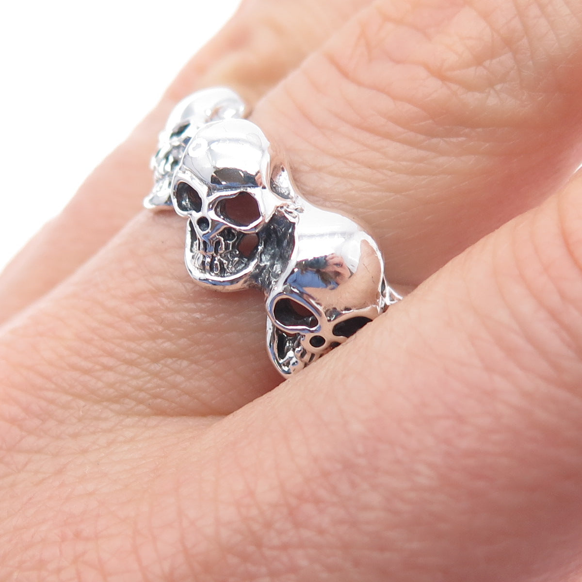 925 Sterling Silver Vintage Skull All Around Biker Ring Size 8.25