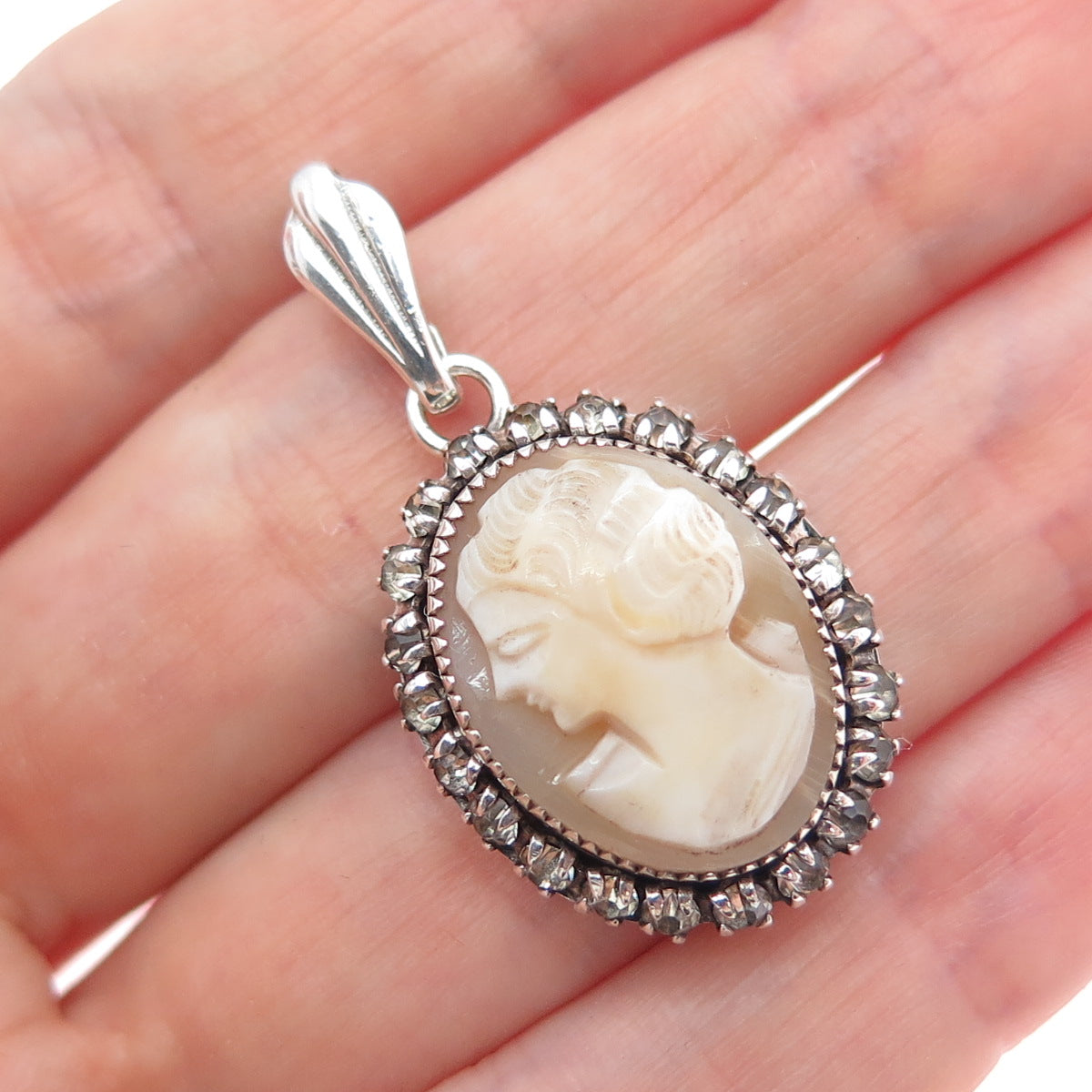 MARTELLI 925 Sterling Silver Vintage Real MOP & Rhinestone Cameo Charm Pendant