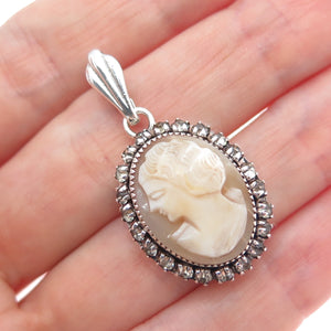 MARTELLI 925 Sterling Silver Vintage Real MOP & Rhinestone Cameo Charm Pendant