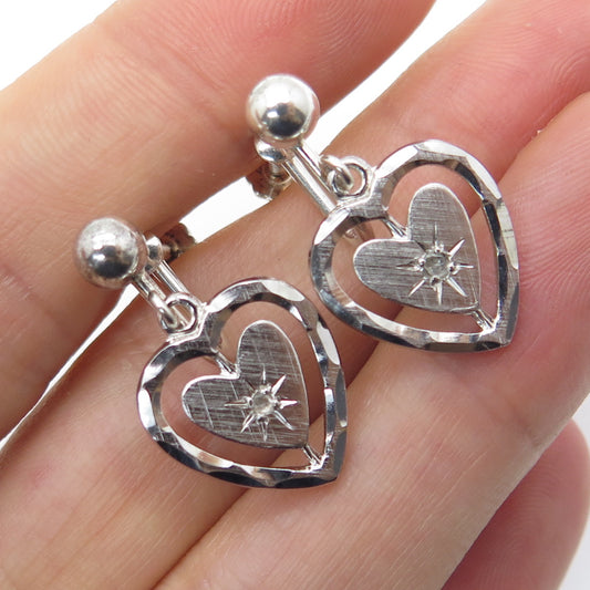 TRU-KAY 925 Sterling Silver Vintage Real Diamond Heart Screw Back Earrings