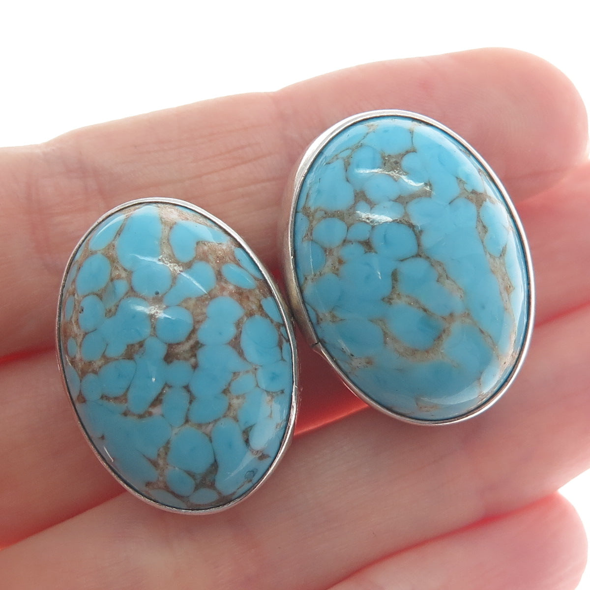 925 Sterling Silver Vintage Mexico Faux Turquoise Oval Clip On Earrings