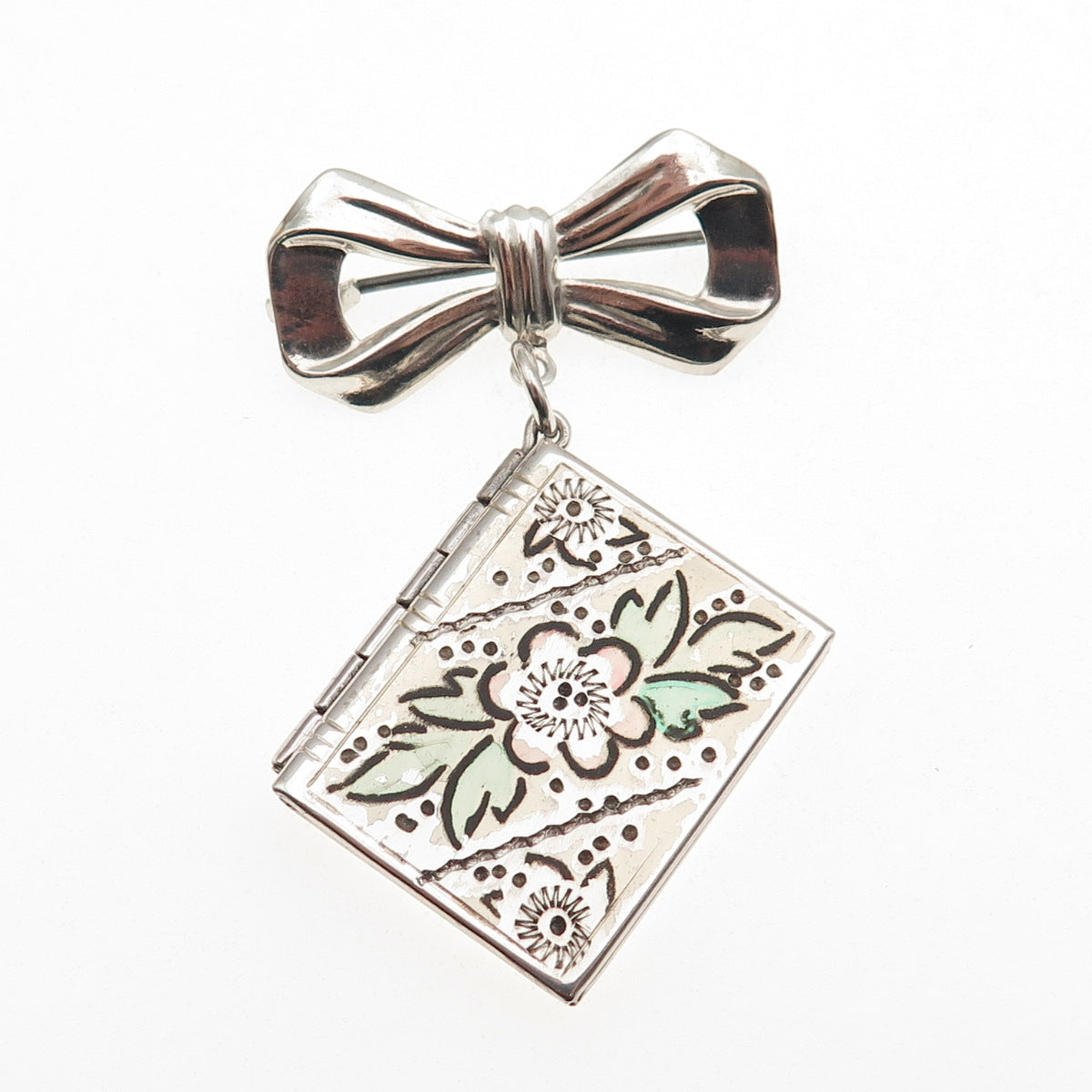 925 Sterling Silver Antique Art Deco Bow Floral Locket Pin Brooch
