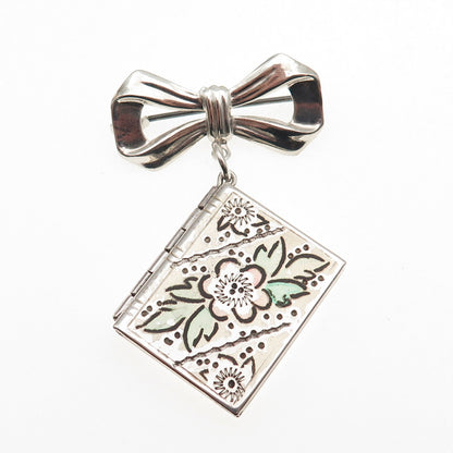 925 Sterling Silver Antique Art Deco Bow Floral Locket Pin Brooch
