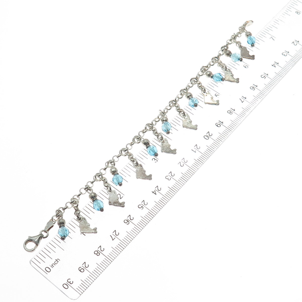 925 Sterling Silver Vintage Italy Crystal Dolphin Charm Rolo Link Bracelet 7"