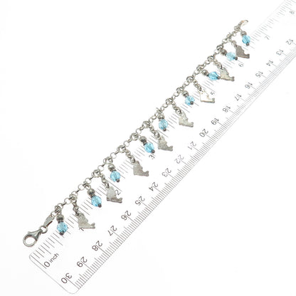 925 Sterling Silver Vintage Italy Crystal Dolphin Charm Rolo Link Bracelet 7"