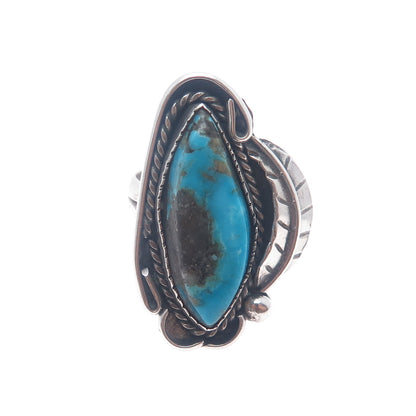 Old Pawn Sterling Vintage Southwestern Bisbee Turquoise Feather Ring Size 7.75