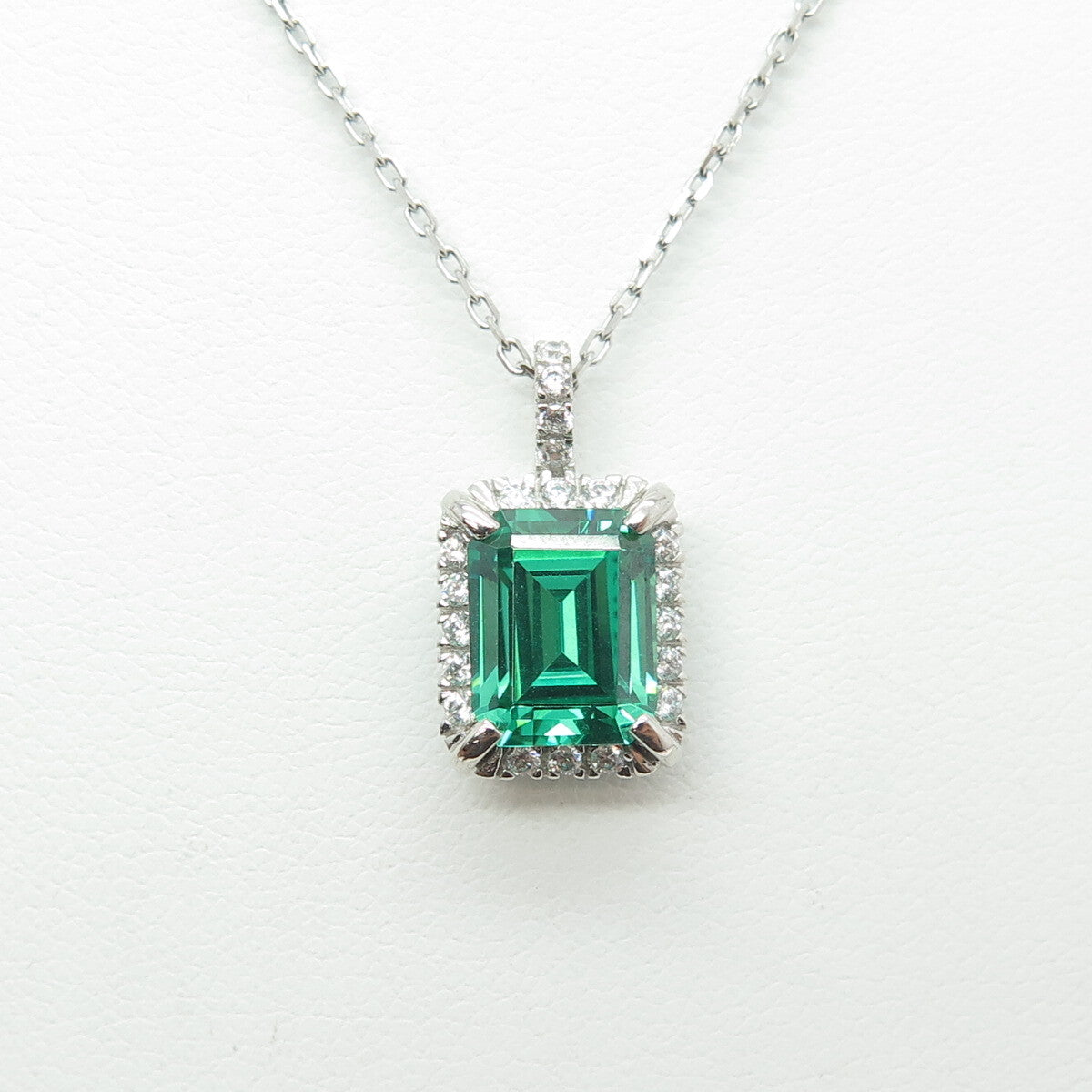 925 Sterling Silver Emerald & Round-Cut C Z Cable Chain Necklace 16-18"