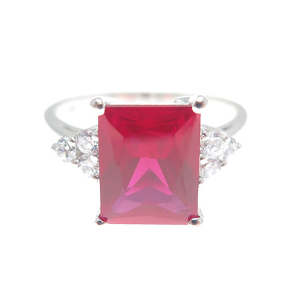 925 Sterling Silver Radiant-Cut Lab-Created Ruby & C Z Ring Size 8.25